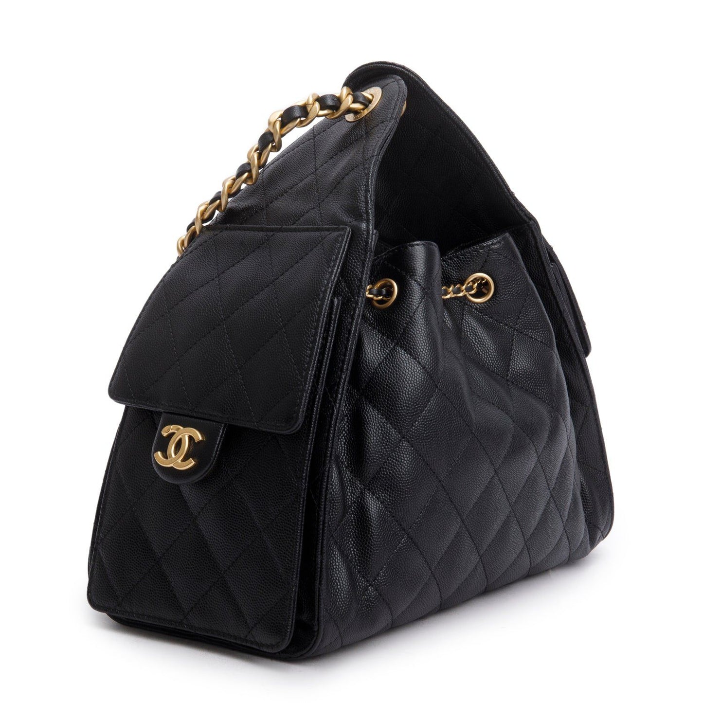 Chanel 25 Small Bucket Bag — Black Caviar Leather with Gold Hardware