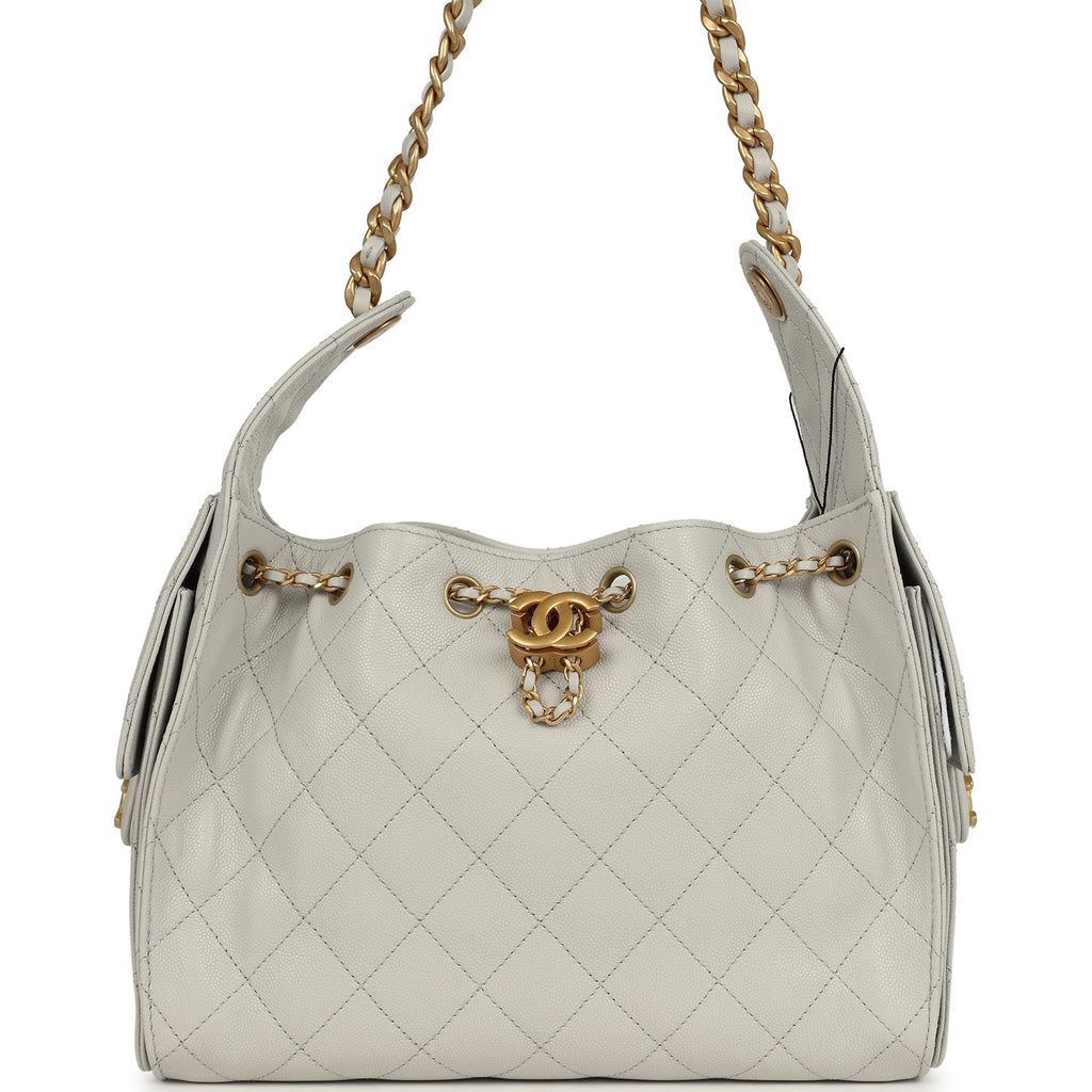 Chanel Small 25 Hobo Bag — Light Grey Caviar Leather with Antique Gold Hardware