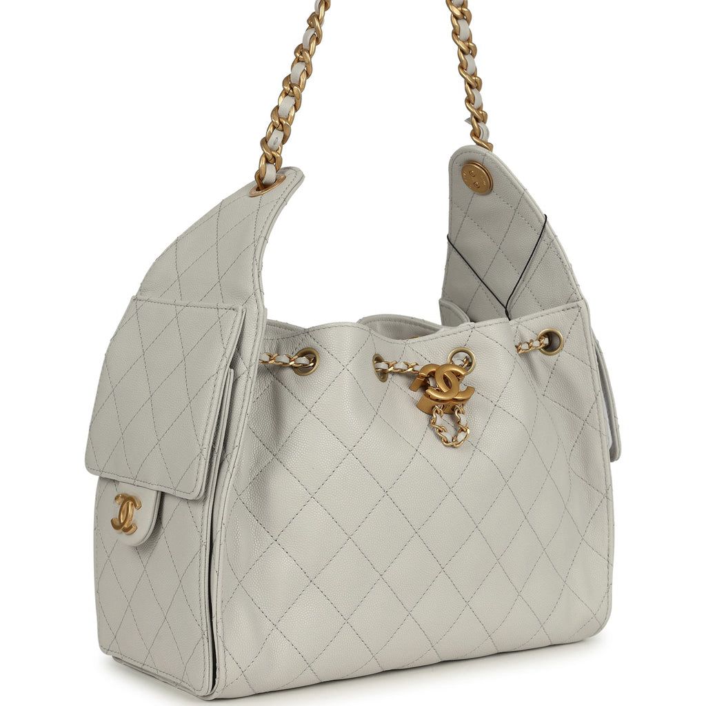 Chanel Small 25 Hobo Bag — Light Grey Caviar Leather with Antique Gold Hardware
