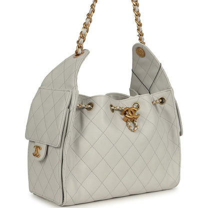 Chanel Small 25 Hobo Bag — Light Grey Caviar Leather with Antique Gold Hardware