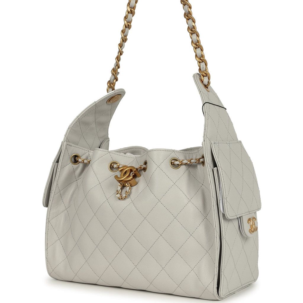 Chanel Small 25 Hobo Bag — Light Grey Caviar Leather with Antique Gold Hardware