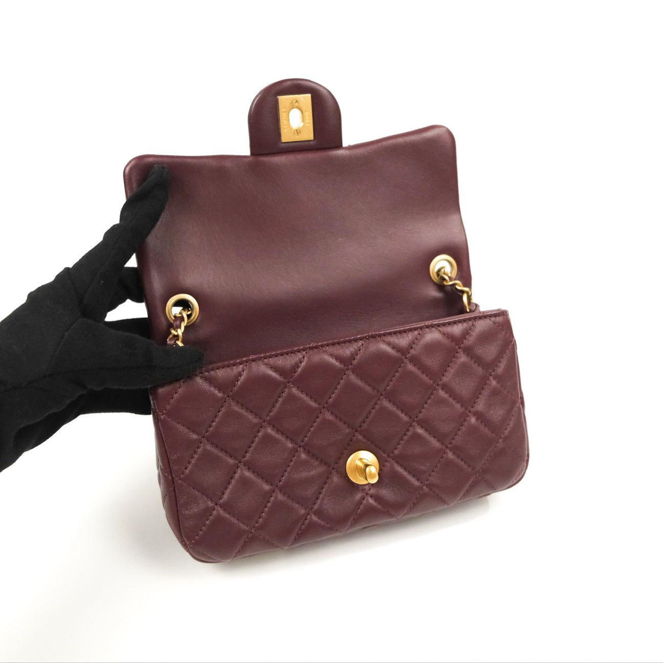 Chanel Mini Rectangular “Pearl Crush” Bag — Burgundy Lambskin with Aged Gold Hardware