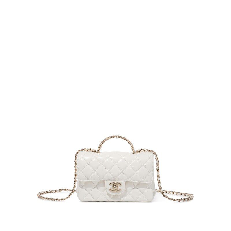 Chanel White Quilted Lambskin Top Handle Mini Flap Bag — Gold Hardware