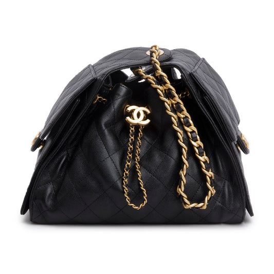 Chanel 25 Small Bucket Bag — Black Caviar Leather with Gold Hardware