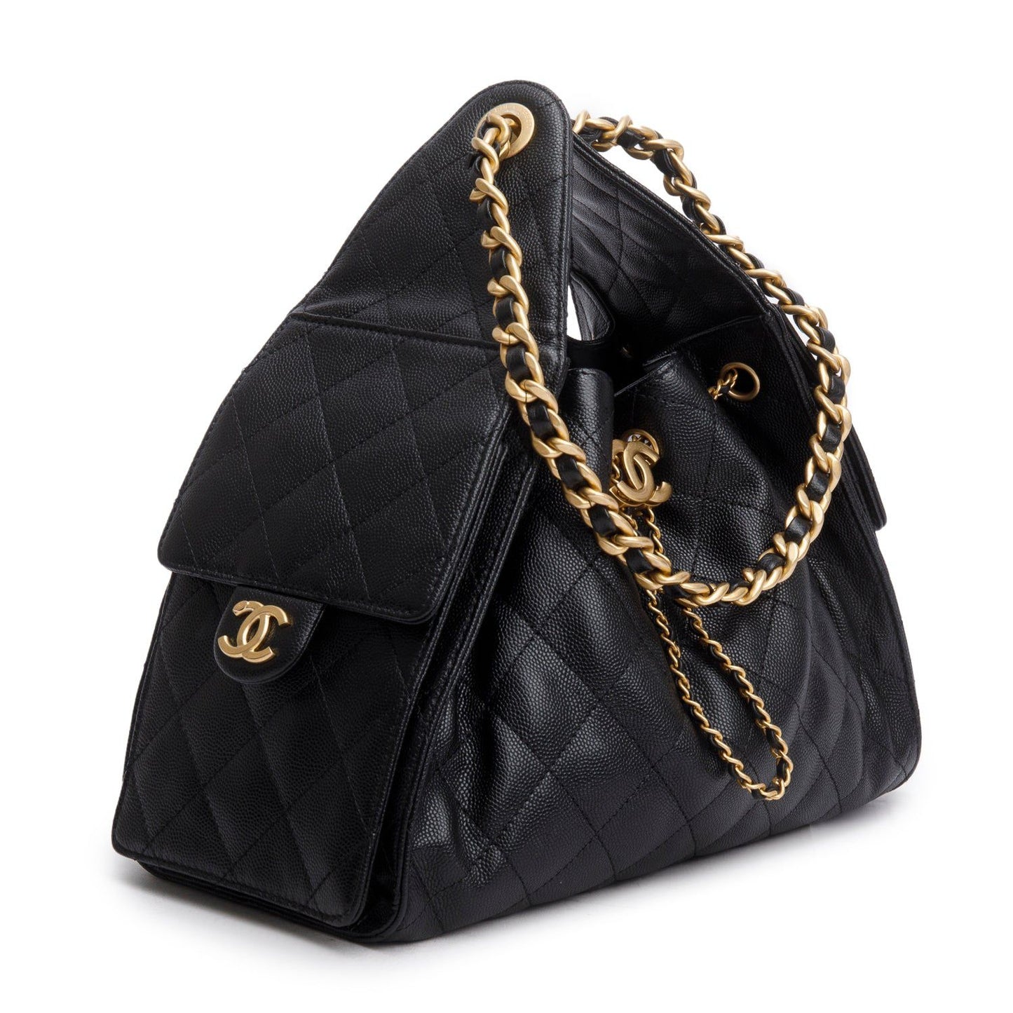 Chanel 25 Small Bucket Bag — Black Caviar Leather with Gold Hardware