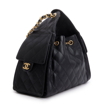 Chanel 25 Small Bucket Bag — Black Caviar Leather with Gold Hardware