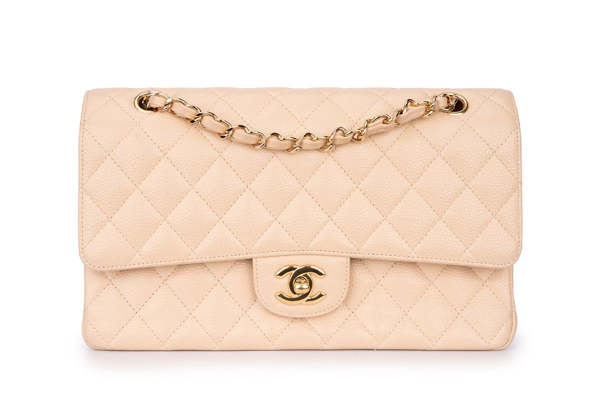 Chanel Medium Classic Flap Bag — Beige Caviar Leather with Gold Hardware