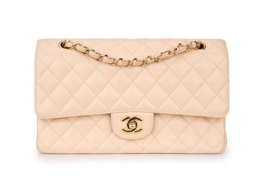 Chanel Medium Classic Flap Bag — Beige Caviar Leather with Gold Hardware