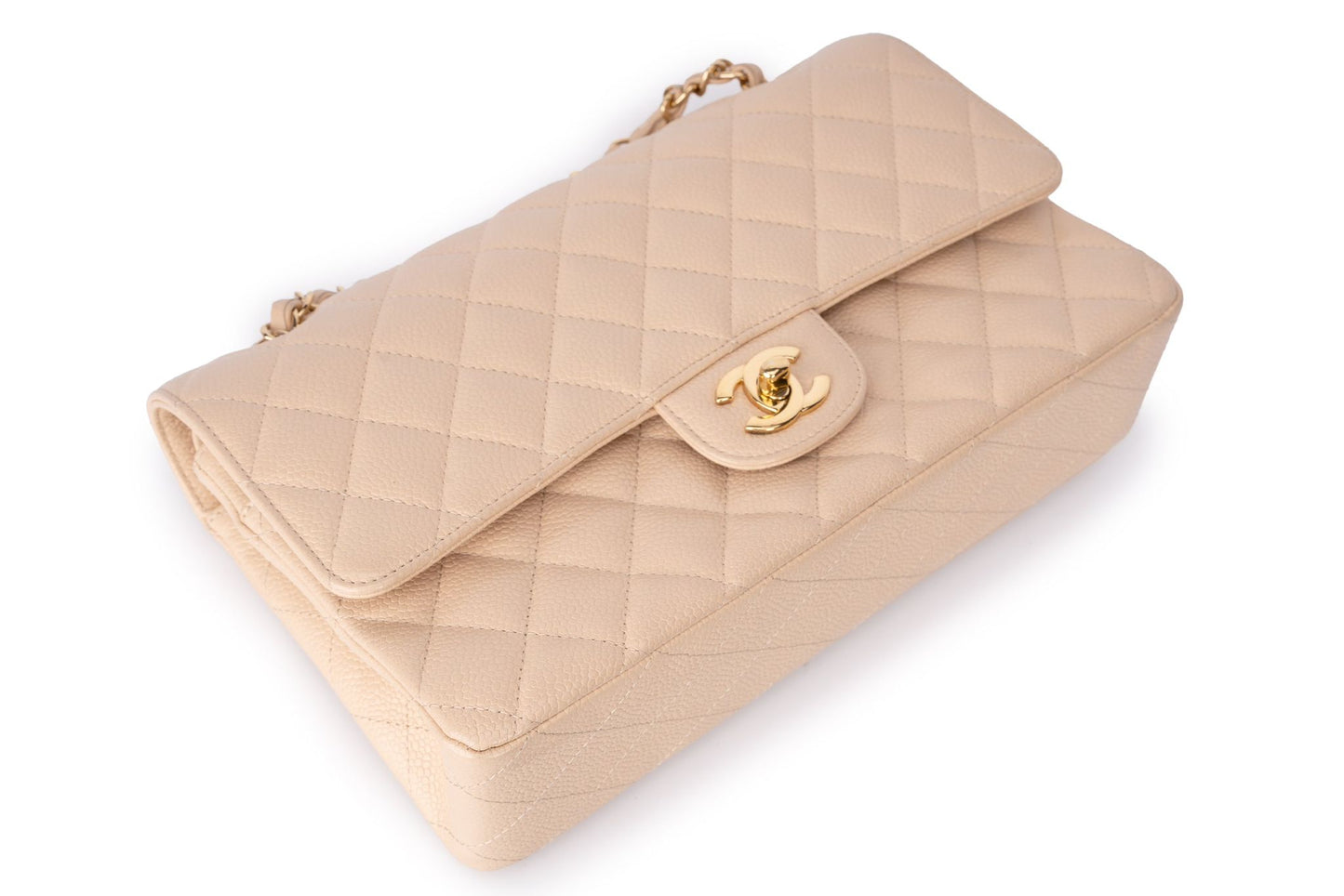 Chanel Medium Classic Flap Bag — Beige Caviar Leather with Gold Hardware
