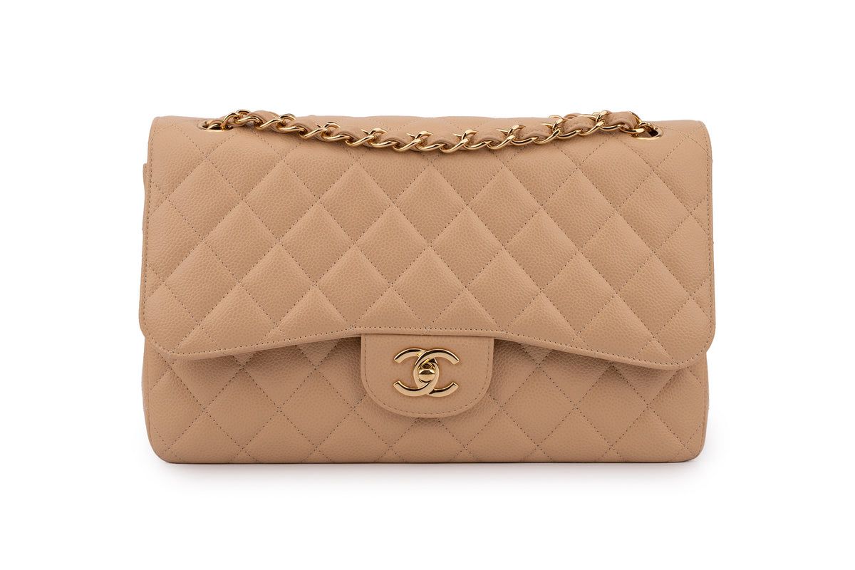 Chanel Classic Double Flap Bag — Dark Beige Caviar Leather with Gold Hardware