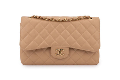 Chanel Classic Double Flap Bag — Dark Beige Caviar Leather with Gold Hardware