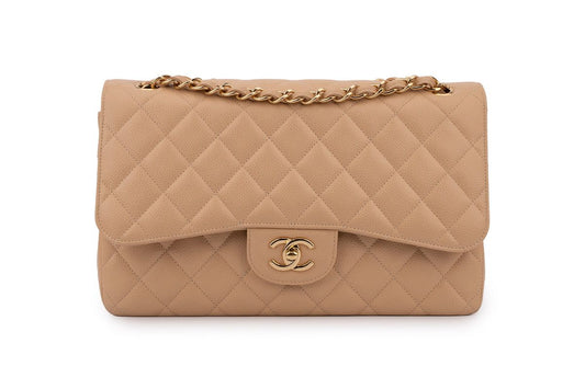 Chanel Classic Double Flap Bag — Dark Beige Caviar Leather with Gold Hardware
