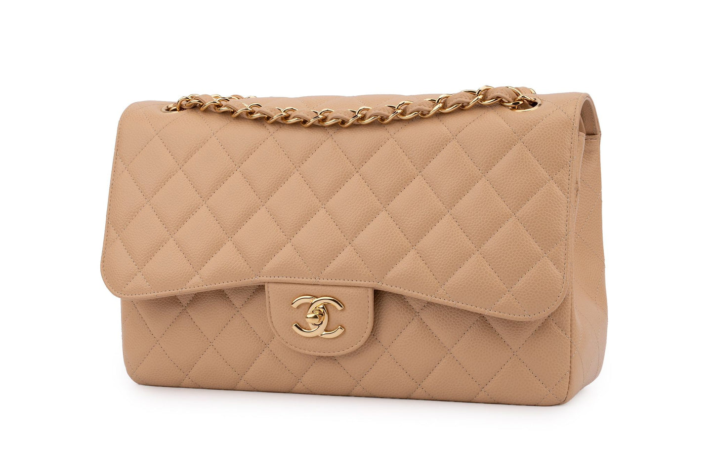 Chanel Classic Double Flap Bag — Dark Beige Caviar Leather with Gold Hardware