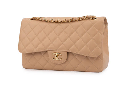 Chanel Classic Double Flap Bag — Dark Beige Caviar Leather with Gold Hardware