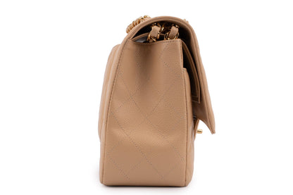Chanel Classic Double Flap Bag — Dark Beige Caviar Leather with Gold Hardware