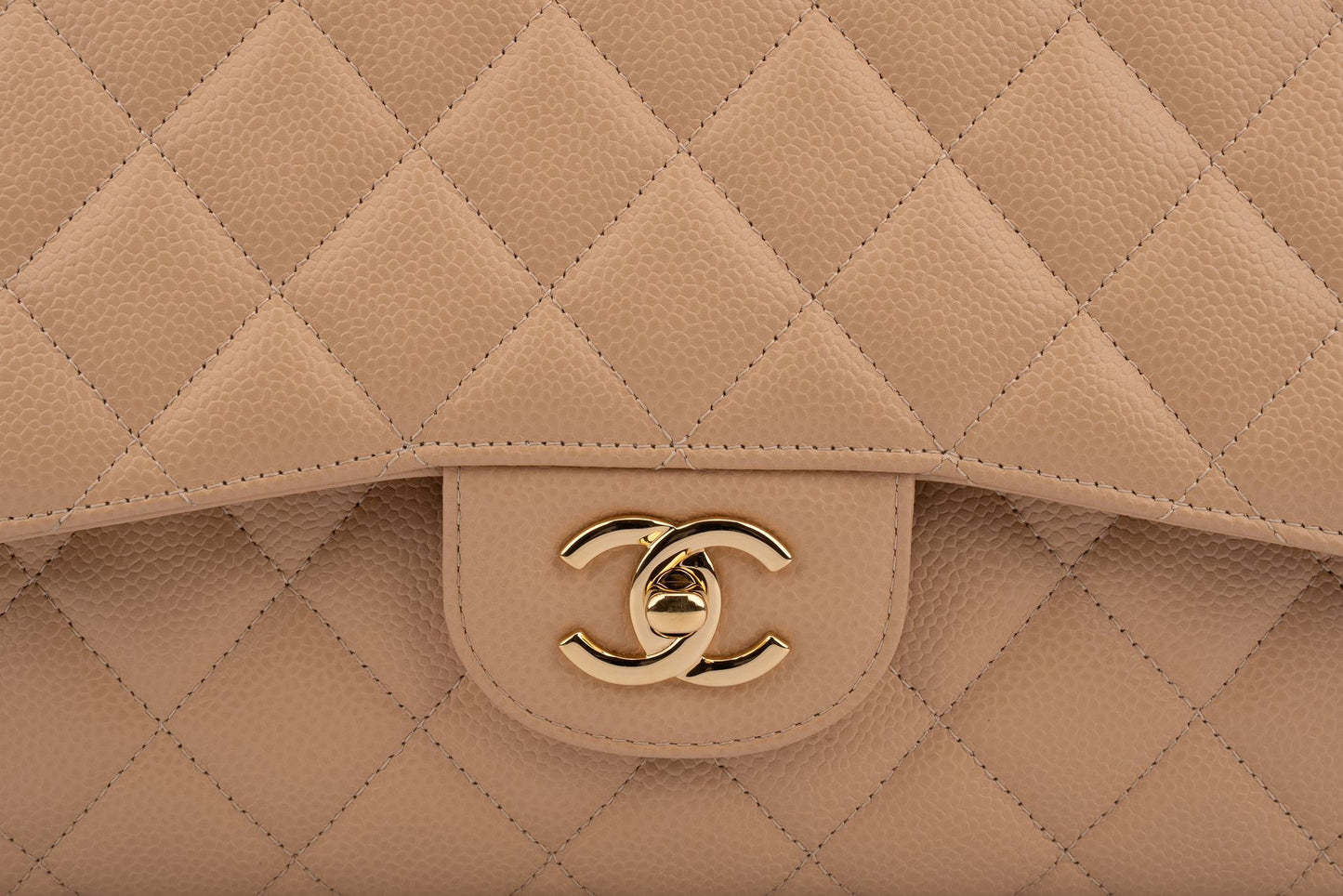 Chanel Classic Double Flap Bag — Dark Beige Caviar Leather with Gold Hardware