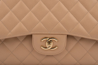 Chanel Classic Double Flap Bag — Dark Beige Caviar Leather with Gold Hardware