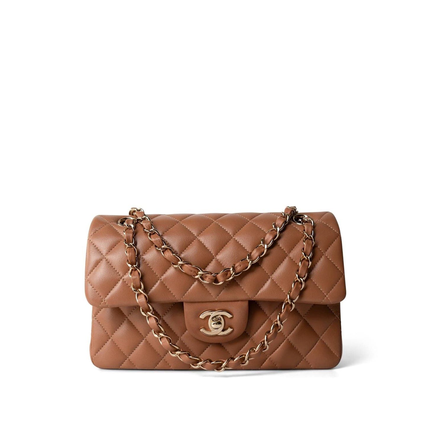 Chanel 22S Small Classic Flap Bag — Caramel Quilted Lambskin with Light Gold Hardware