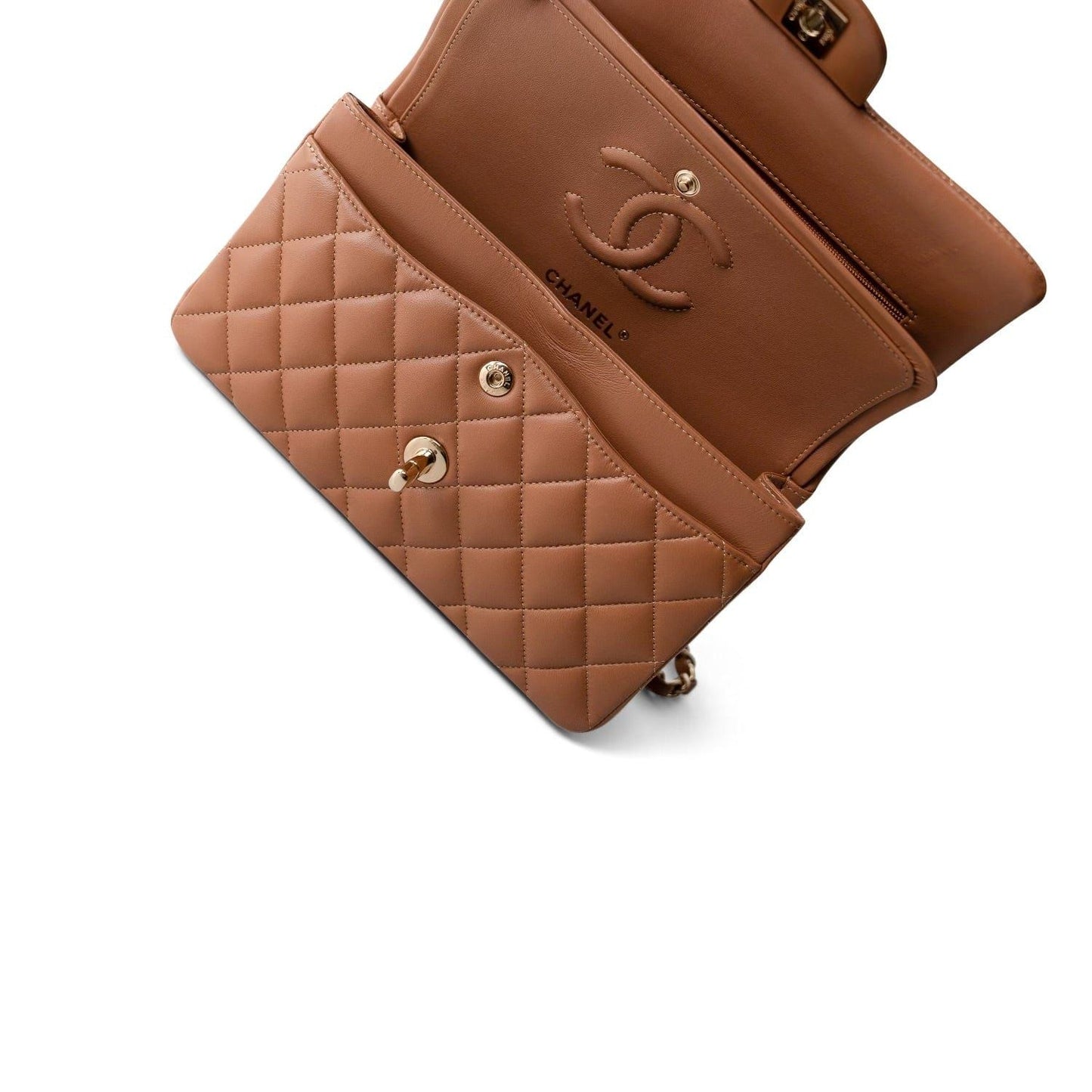 Chanel 22S Small Classic Flap Bag — Caramel Quilted Lambskin with Light Gold Hardware