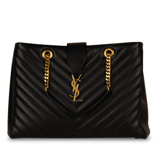 Saint Laurent Cassandre Medium Tote — Black Caviar Leather with Gold Hardware