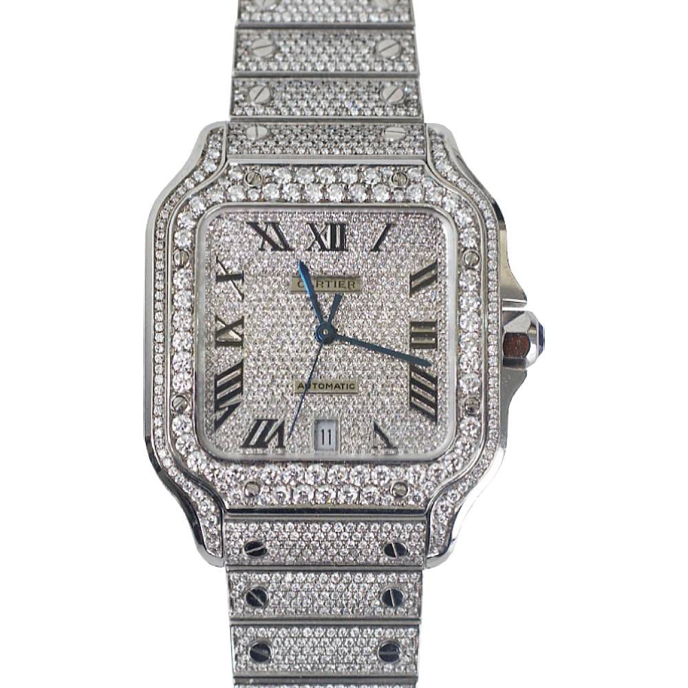 Cartier Santos de Cartier 40 mm Watch — Diamond Roman Dial &amp; Pavé Diamond Stainless‑Steel Bracelet