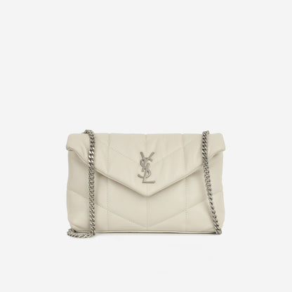 Saint Laurent Mini Lou Puffer — Blanc Vintage Lambskin Leather with Silver Hardware