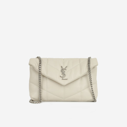 Saint Laurent Mini Lou Puffer — Blanc Vintage Lambskin Leather with Silver Hardware
