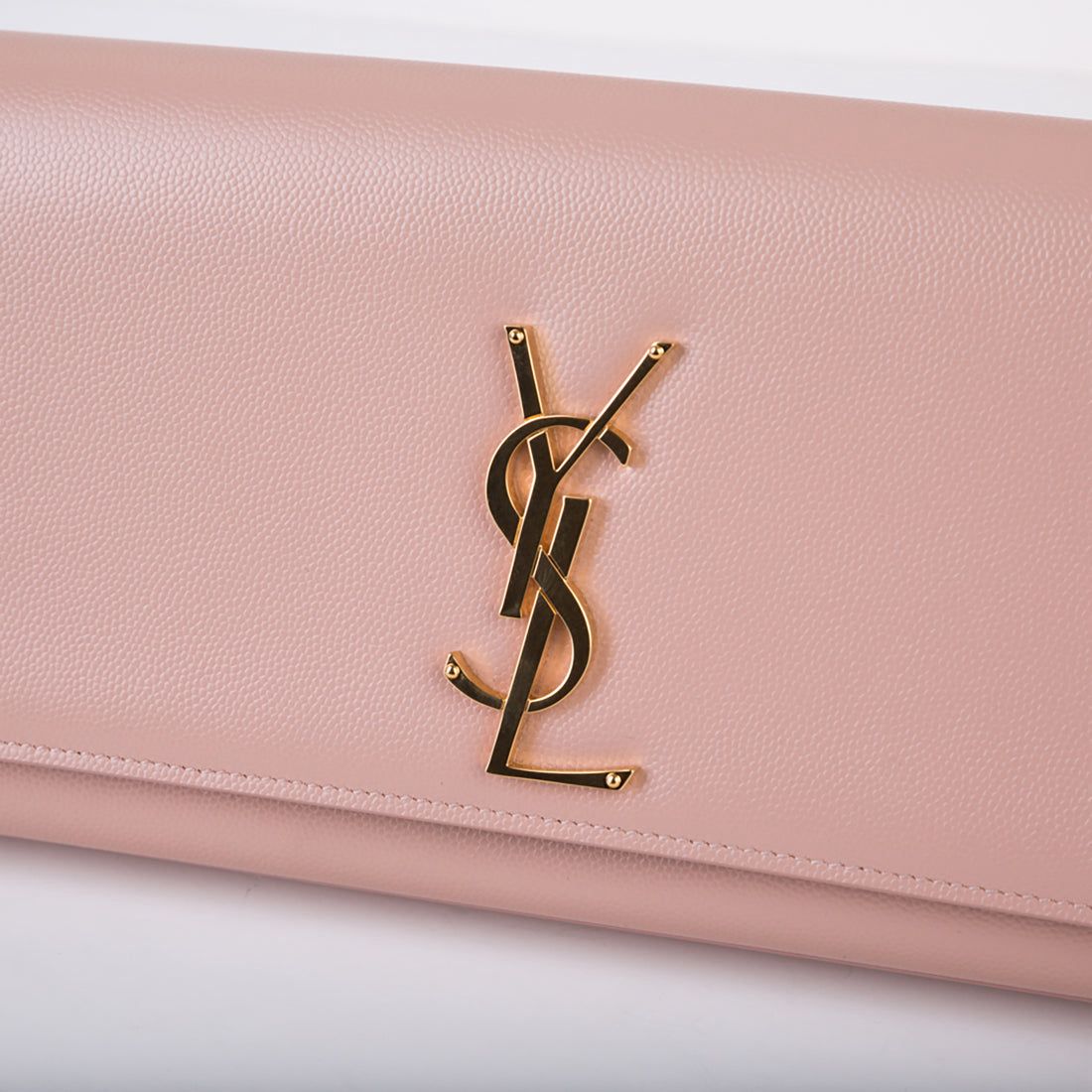 Saint Laurent Kate Monogram Clutch — Light Pink Grain de Poudre Leather with Gold Hardware