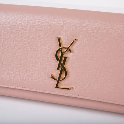 Saint Laurent Kate Monogram Clutch — Light Pink Grain de Poudre Leather with Gold Hardware